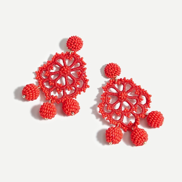 J. Crew Jewelry - New JCREW Beaded Crochet Statement Earrings in Red